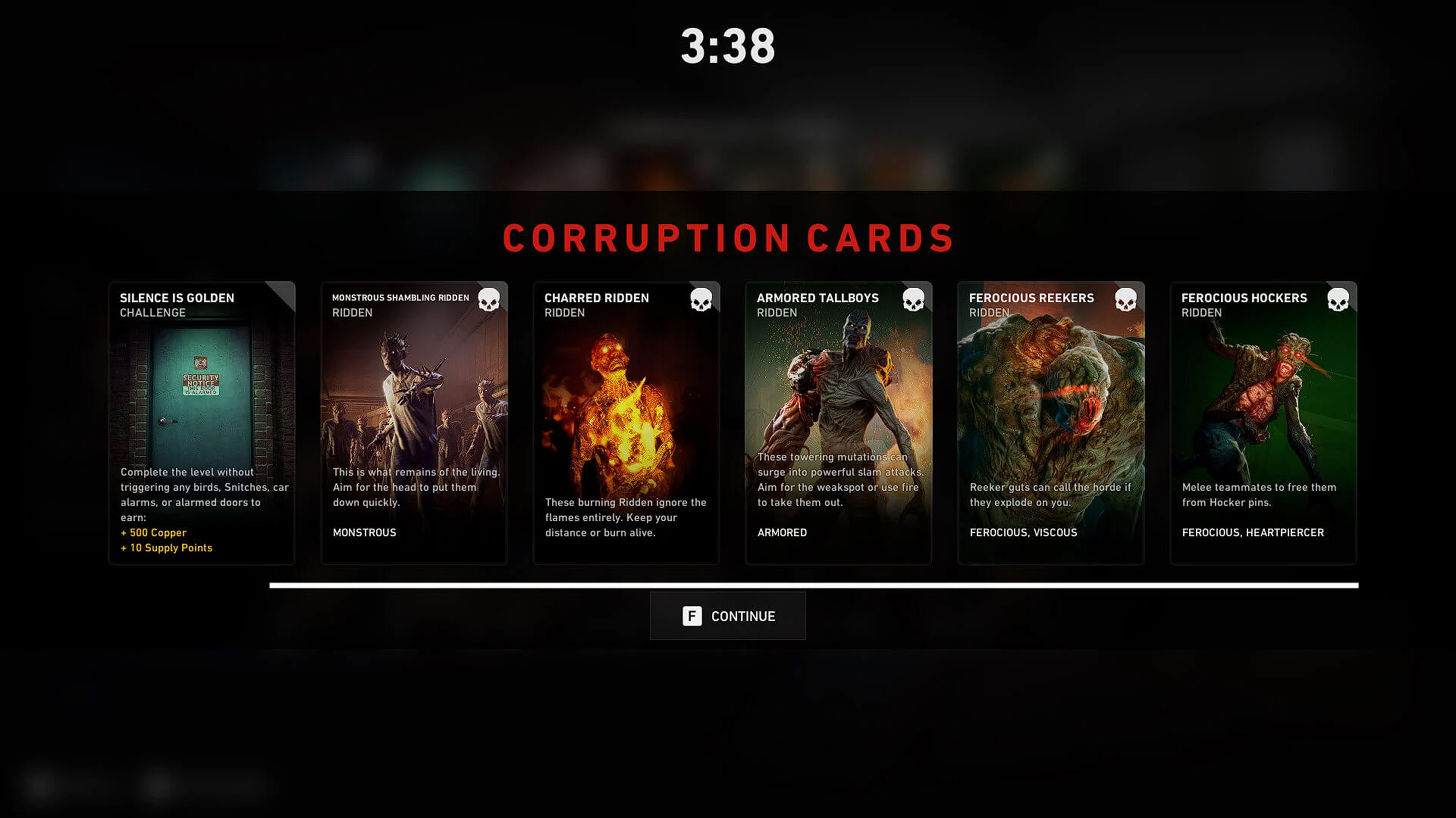 Screenshot of a moment when cards are displayed to the player. The image show 6 corruption cards side by side in line. Each card have a title, description and an icon on the top right corner.
