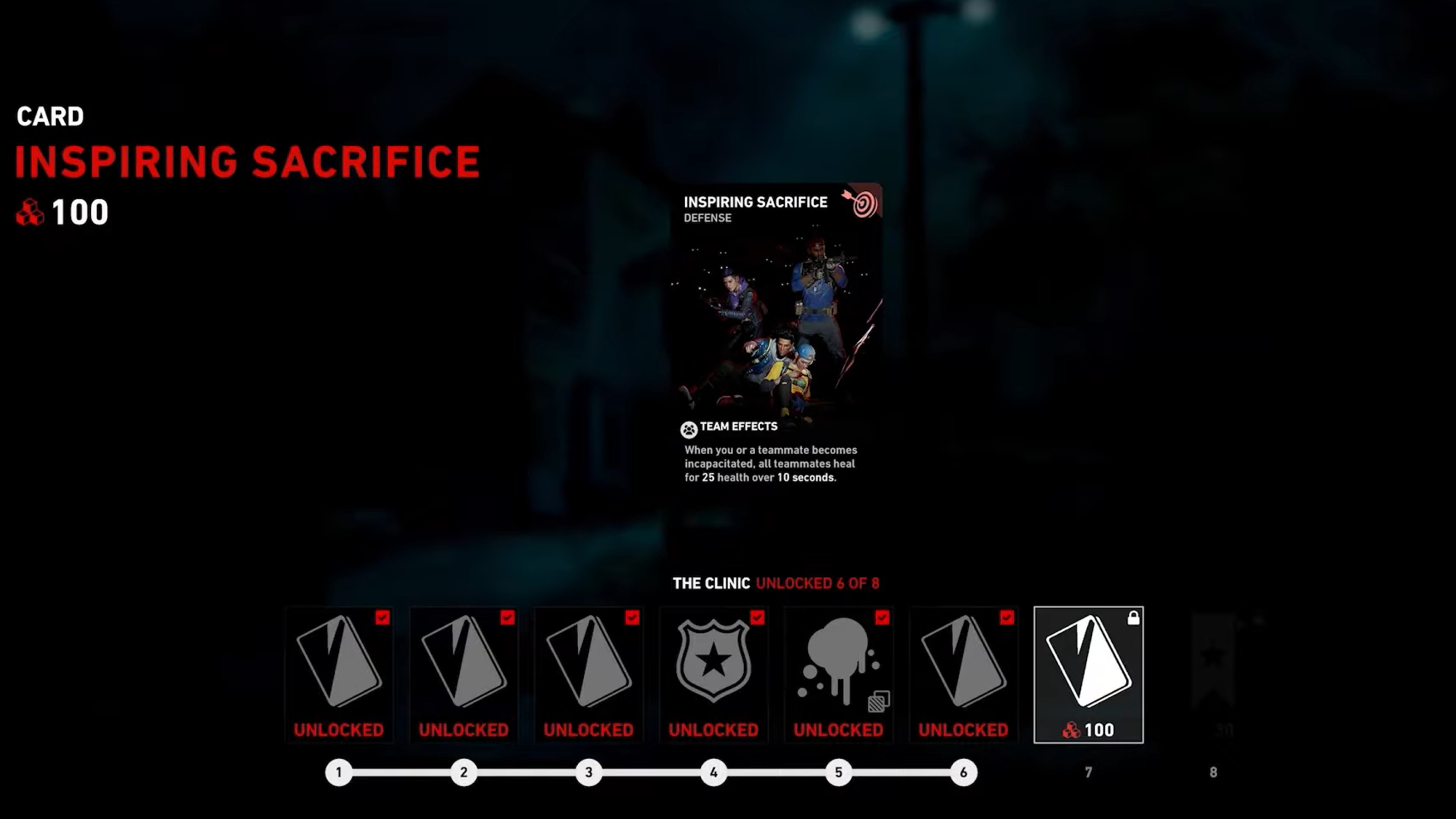 Screenshot of a moment when the players can get new cards. On the top left you can read Card: inspiring sacrifice. The card is show on the center of the screen. An image carrousel is displayed in the bottom hinting that more cards can be unlocked.