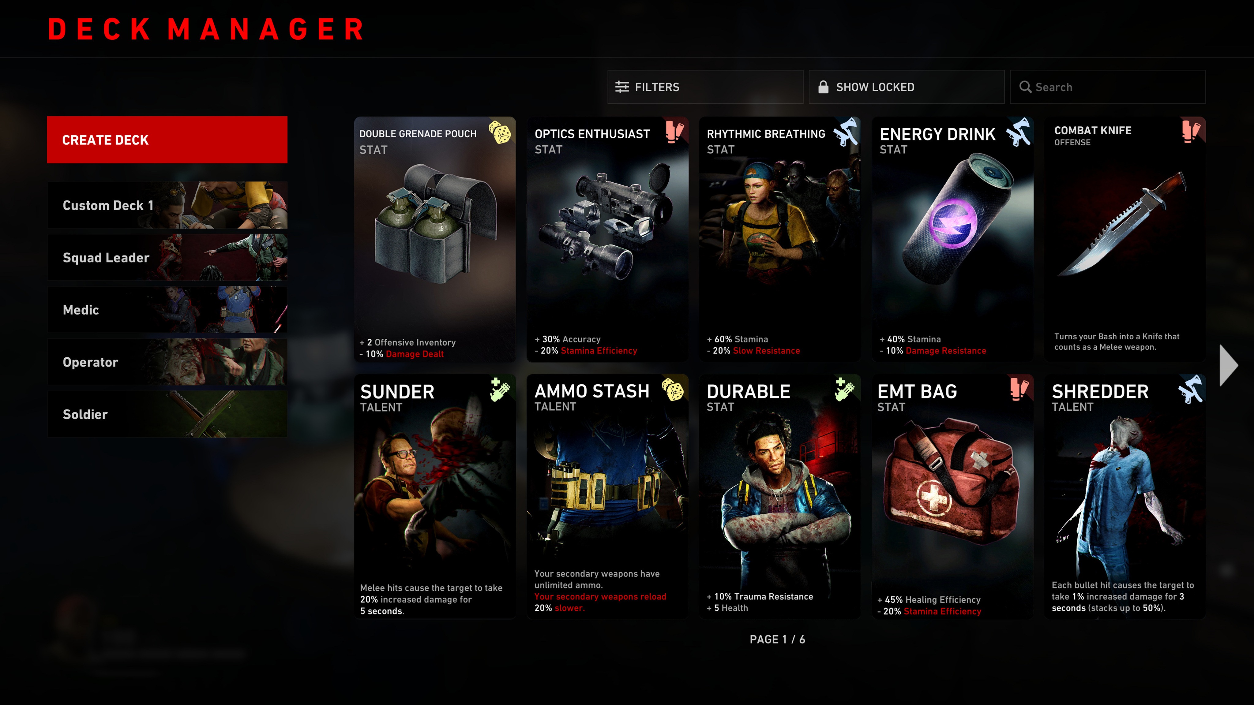 Screenshot of the deck manager screen. It shows a menu on the left with a red accent colour highlighting the create deck option. On the right there are multiple cards being displayed.