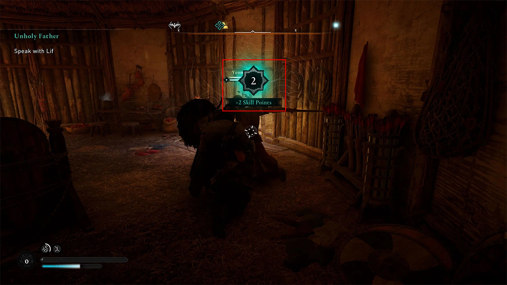 Assassins Creed Valhalla screenshot highlighting a small notification on the center of screen showing the player has leveled up and has skill points to expend.