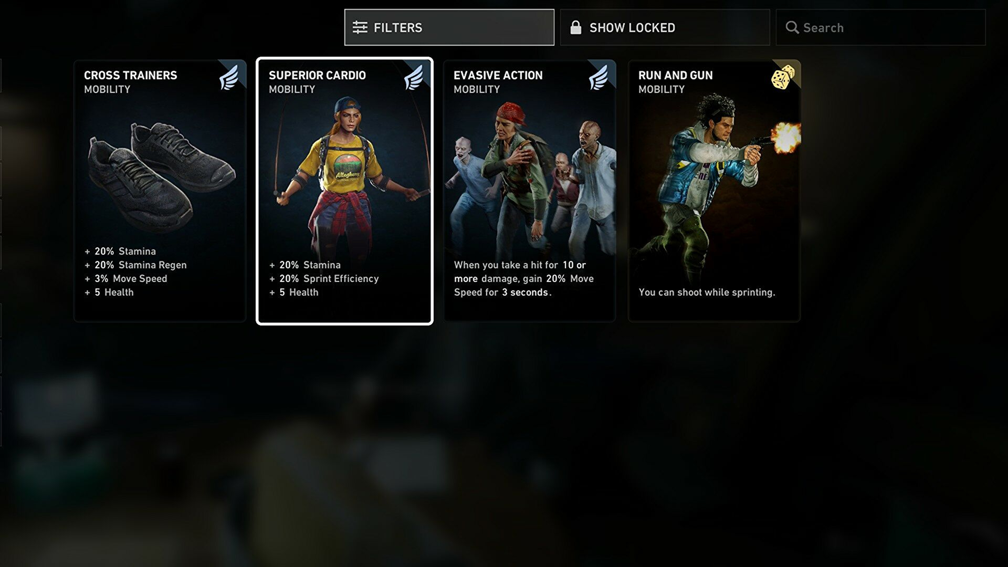 Screenshot of the card list with filters applied. Only 4 mobility cards are being displayed.