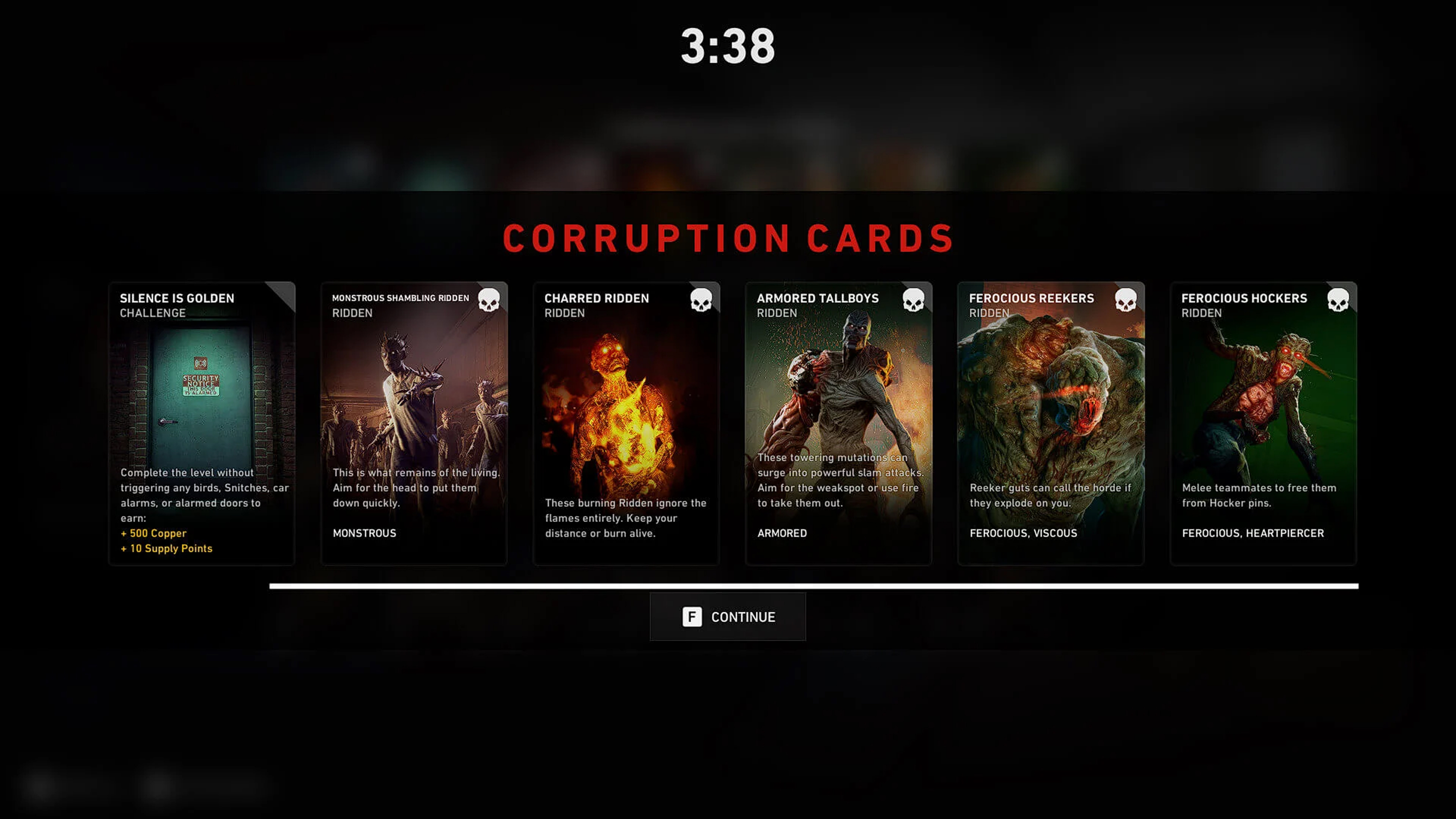 Screenshot of a moment when cards are displayed to the player. The image show 6 corruption cards side by side in line. Each card have a title, description and an icon on the top right corner.