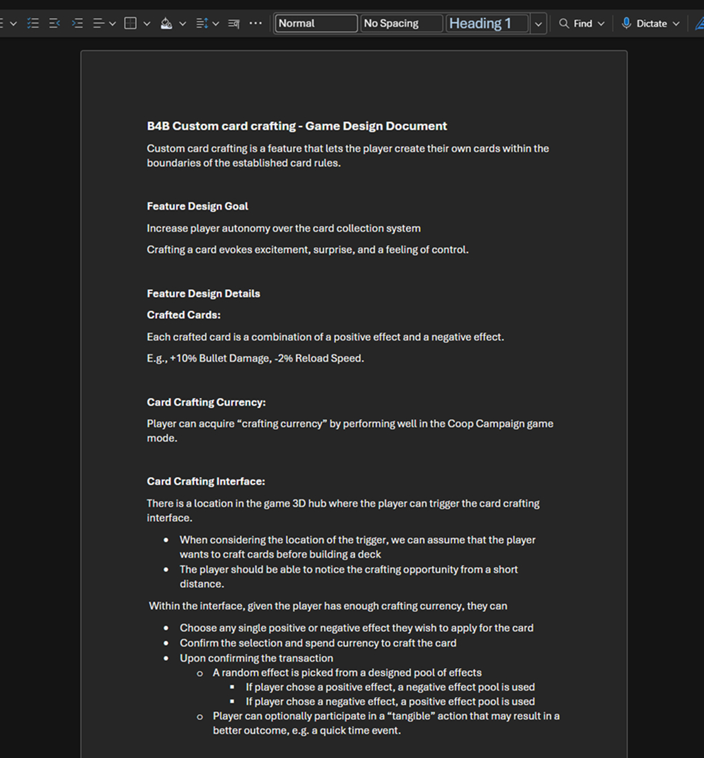 Screenshot of the Game Design Document open on Microsoft Word. You can read parts of it there, with a full description of the card crafting feature.